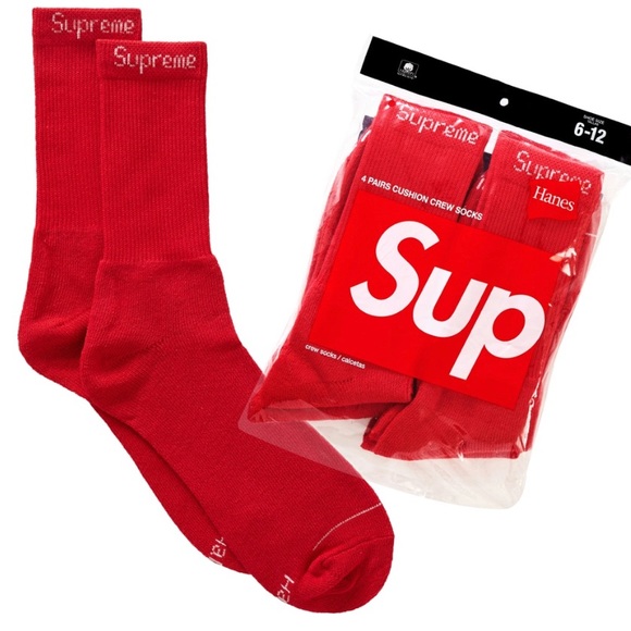 Supreme Other - Supreme Hanes Men's Red 4 Pairs Cushion Crew Socks